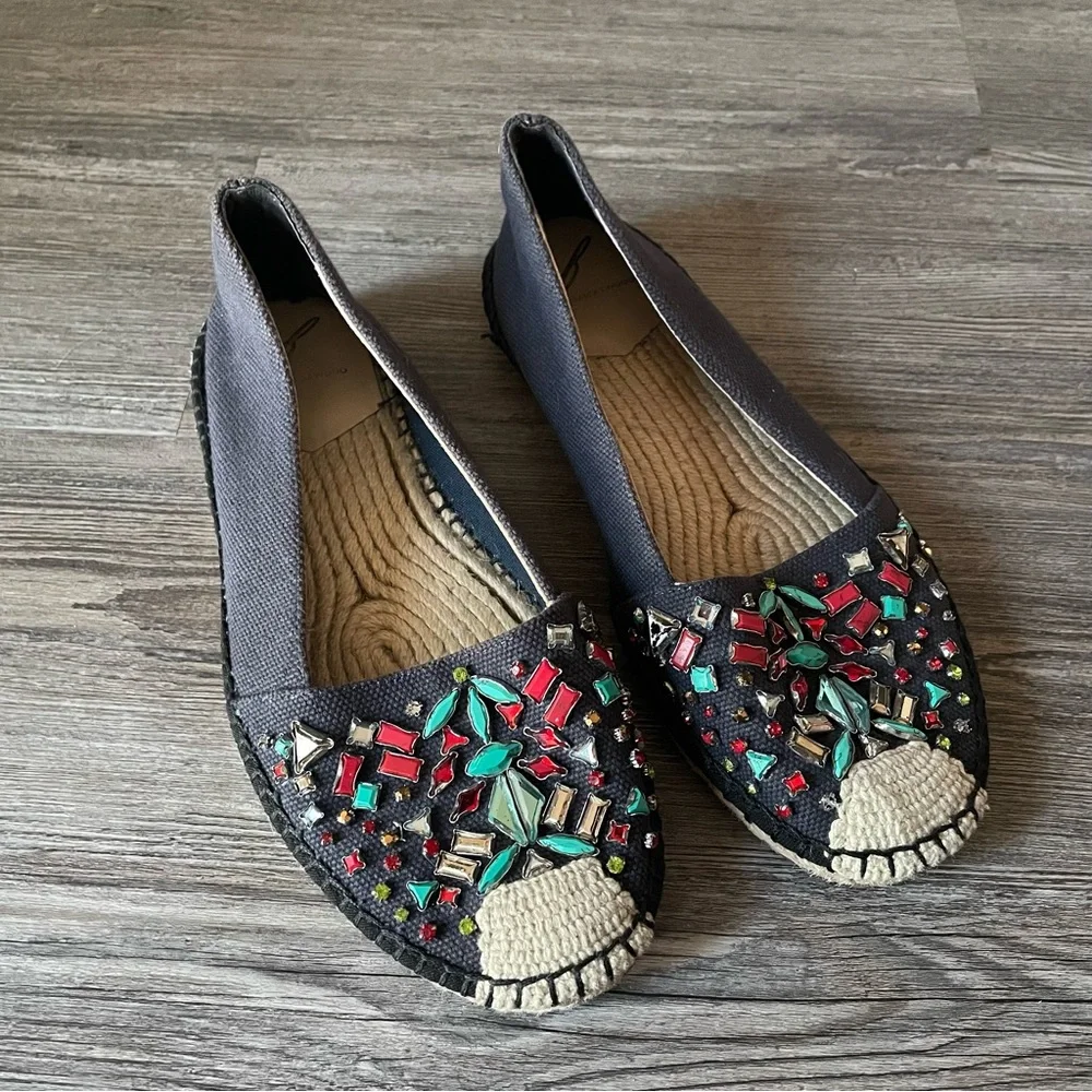 Brian Atwood Hardesty Navy Blue Jeweled Espadrilles Flats Shoes 6.5
